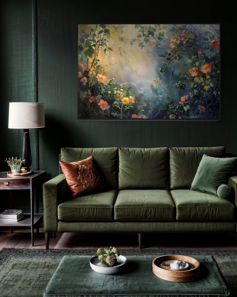 A sun-dappled garden, lush with blooming roses and climbing vines, bathes in the gentle caress of morning light, creating a serene and enchanting scene.