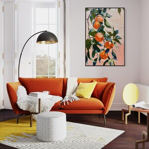 In this abstract painting, vibrant mandarins dangle amidst lush foliage, where bold strokes and vivid colors capture the essence of nature’s sweetness.