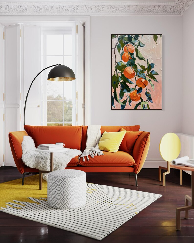 In this abstract painting, vibrant mandarins dangle amidst lush foliage, where bold strokes and vivid colors capture the essence of nature’s sweetness.