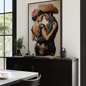 Romantic artwork of a Mexican couple in traditional attire, adorned with vibrant floral embroidery. Their intimate pose and exquisite details evoke passion and cultural elegance, perfect for adding warmth and charm to your home.