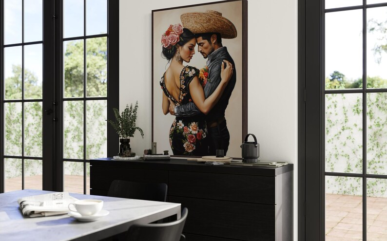 Romantic artwork of a Mexican couple in traditional attire, adorned with vibrant floral embroidery. Their intimate pose and exquisite details evoke passion and cultural elegance, perfect for adding warmth and charm to your home.