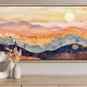 Estampado Boho Sunrise Mountain: Obra de arte minimalista de colinas onduladas para decoración de lujo del hogar.