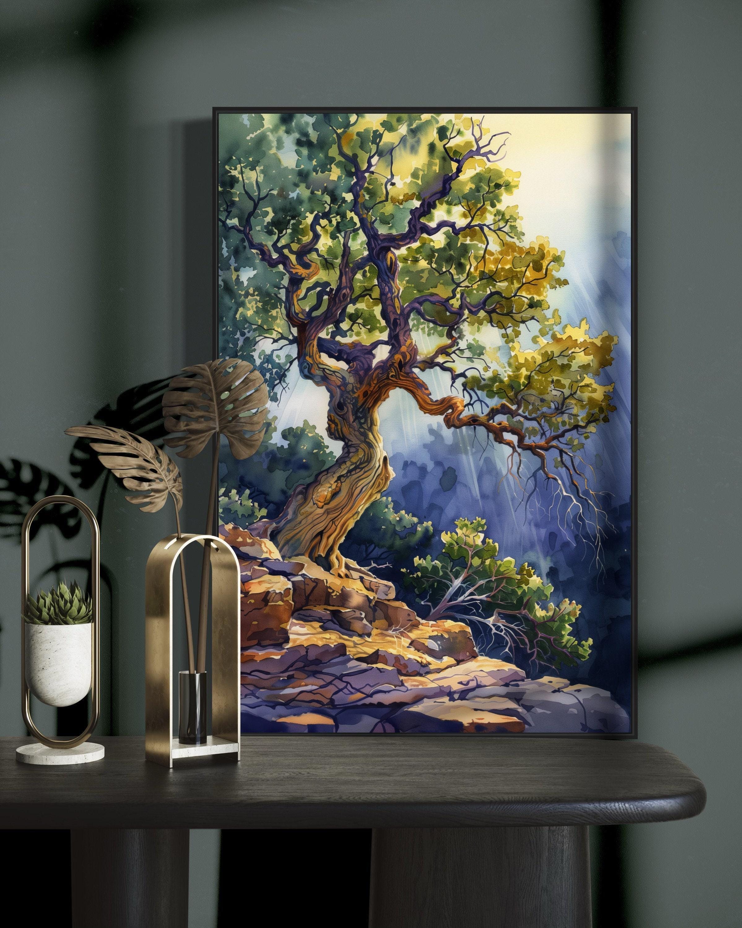 Enchanted Forest Tree of Life Art - Whimsical Old Oak Tree Print