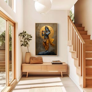 Immerse yourself in divine grace with this exquisite art piece of Lord Krishna playing the flute. The vibrant colors and intricate details make it a captivating addition to any spiritual or cultural space.