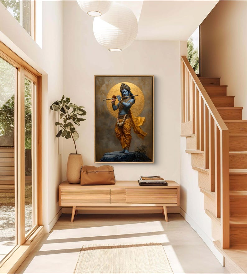 Immerse yourself in divine grace with this exquisite art piece of Lord Krishna playing the flute. The vibrant colors and intricate details make it a captivating addition to any spiritual or cultural space.