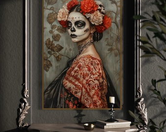 Elegant Calavera-kvinna på canvas – Gotisk väggkonst med döds dag, sockerskalleporträtt, mexikanskt arv för heminredning