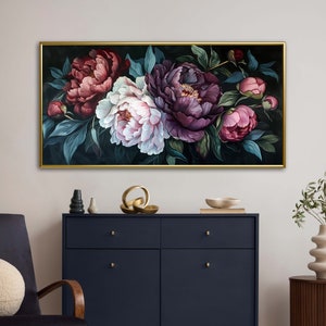 Midnight Bloom - A lush display of peonies in rich purples and delicate pinks, set against a deep, dark backdrop, exuding elegance and drama.