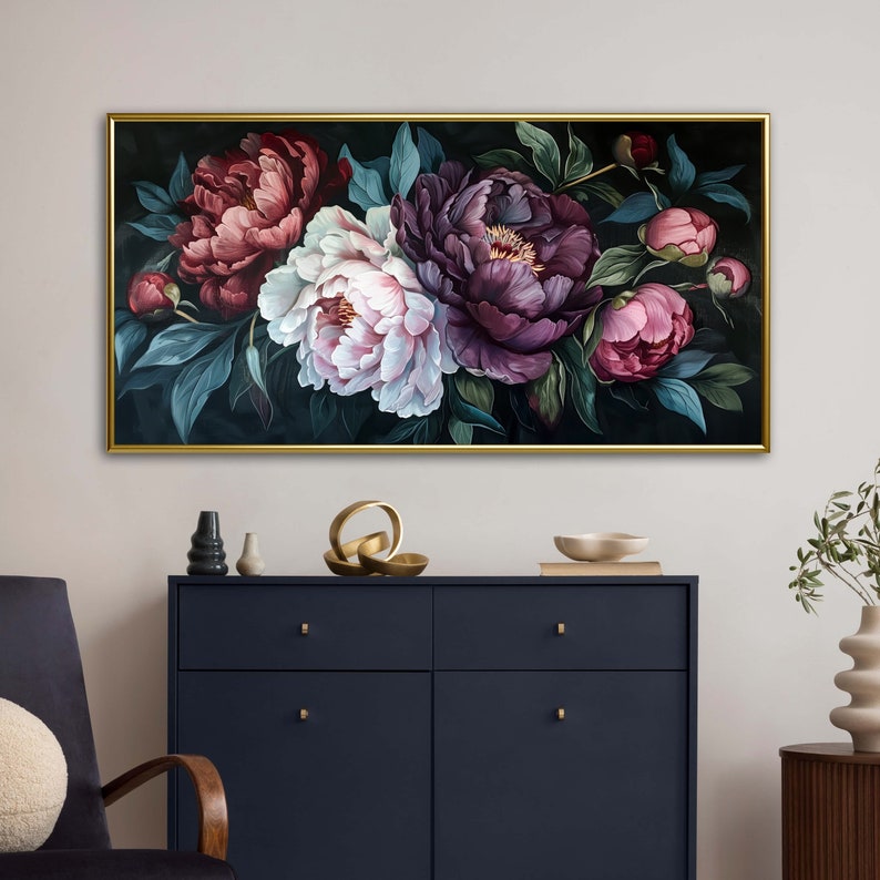 Midnight Bloom - A lush display of peonies in rich purples and delicate pinks, set against a deep, dark backdrop, exuding elegance and drama.
