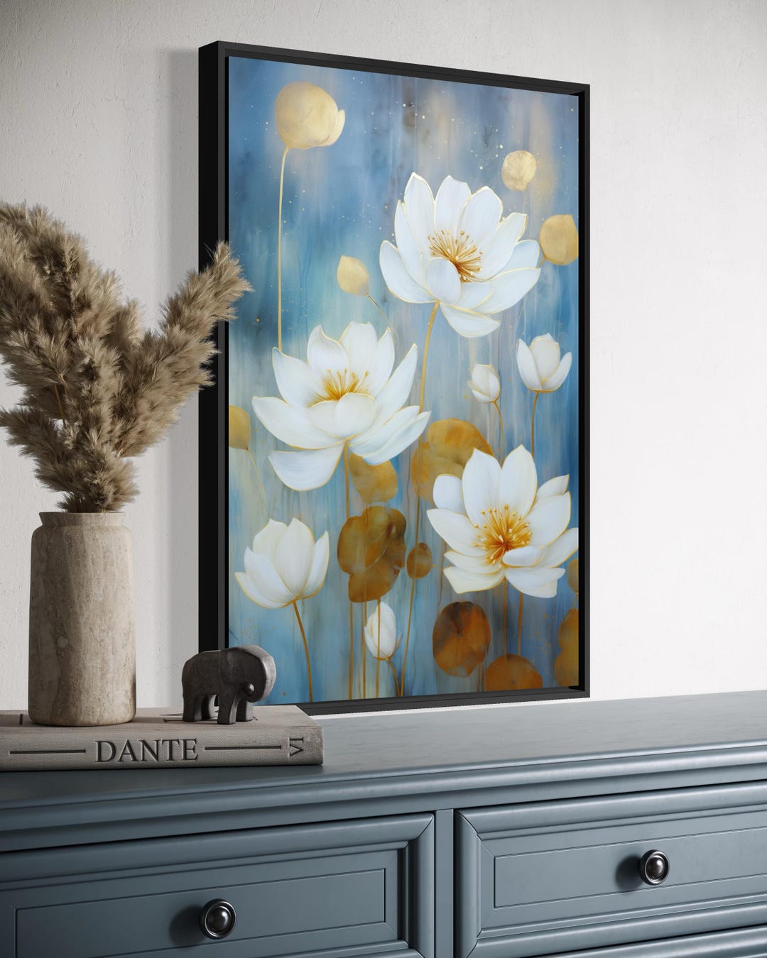 White Lotus Flower Art Print, Elegant Floral Wall Art, Blue and Gold ...