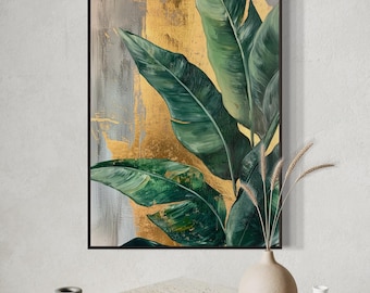 Banana Leaf Art Print – Tropical Botanical Wall Decor, Green Foliage Abstract Painting PRINT, Modern Jungle Plant Artwork