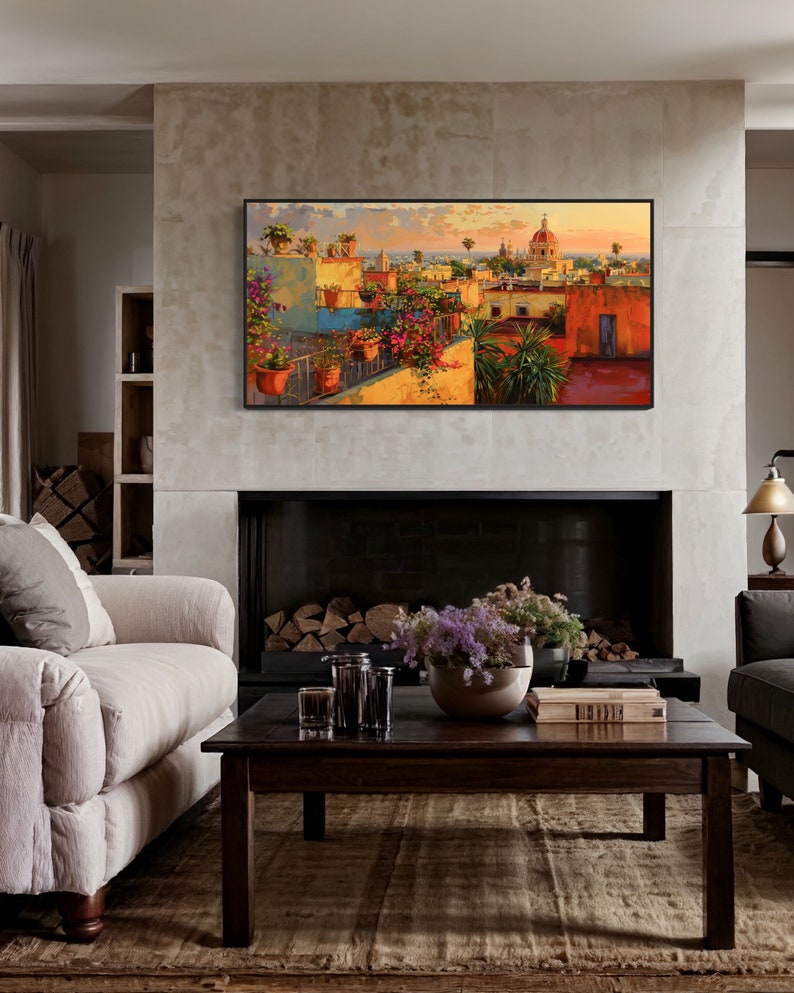 This colorful painting shows a Mexican city at sunset with terracotta rooftops, blooming bougainvillea, and church domes. The warm hues and intricate details evoke the charm and beauty of a picturesque Mexican town, perfect for cultural decor.