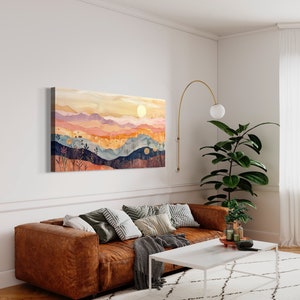Serene rolling hills under a gentle sun, depicted in warm, soothing tones and stylized layers, evoke a sense of calm and whimsy in this pastoral landscape.