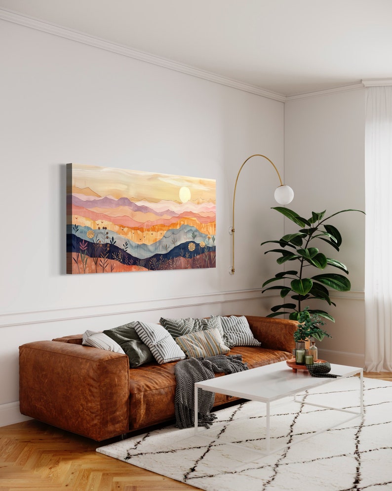 Serene rolling hills under a gentle sun, depicted in warm, soothing tones and stylized layers, evoke a sense of calm and whimsy in this pastoral landscape.