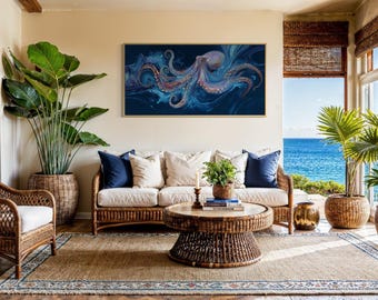 Abstract Octopus Wall Art – Modern Ocean Art Painting Print with Blue Underwater Fantasy Design