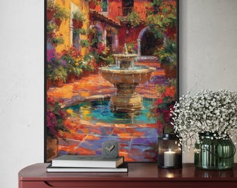 Kunstdruck – Spanischer Brunnen im Landhausstil – mediterrane, farbenfrohe, toskanische Gartendekoration