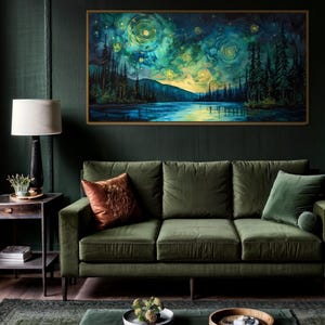 A breathtaking nightscape where swirls of luminescent green and yellow dance across the sky, mirroring on the tranquil lake below. Tall pines stand in silhouette against a Van Gogh-inspired celestial masterpiece.