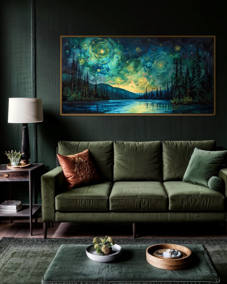 A breathtaking nightscape where swirls of luminescent green and yellow dance across the sky, mirroring on the tranquil lake below. Tall pines stand in silhouette against a Van Gogh-inspired celestial masterpiece.