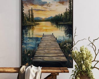 Lake Sunset Dock Art Print – Rustic Pier Landscape Canvas, Cabin Nature Wall Art, Tranquil Golden Hour Lake Print