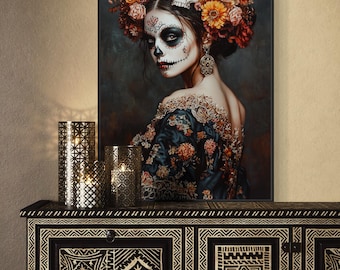 De dödas dag, sockerskalle, canvas – färgglatt Calavera-porträtt, boho folkkonsttryck, gotisk mexikansk dekor för vardagsrum eller sovrum