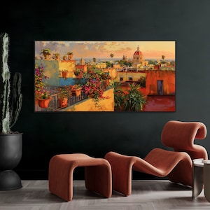This colorful painting shows a Mexican city at sunset with terracotta rooftops, blooming bougainvillea, and church domes. The warm hues and intricate details evoke the charm and beauty of a picturesque Mexican town, perfect for cultural decor.