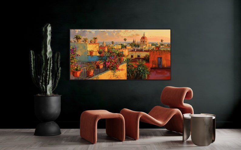 This colorful painting shows a Mexican city at sunset with terracotta rooftops, blooming bougainvillea, and church domes. The warm hues and intricate details evoke the charm and beauty of a picturesque Mexican town, perfect for cultural decor.