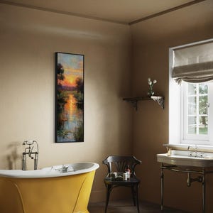 Impressionist landscape art of a glowing sunset over a peaceful waterway with lily pads and tall grasses. The golden light reflects on the calm water, surrounded by soft trees and vibrant colors. A serene nature scene perfect for rustic, cottage, or lake house decor.