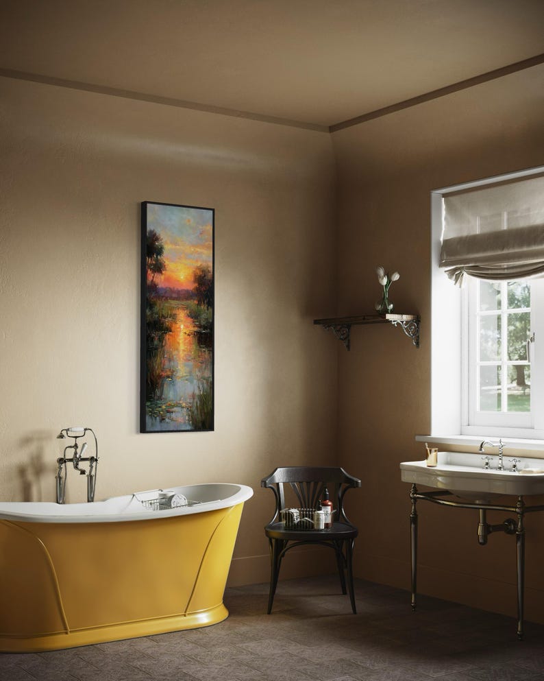 Impressionist landscape art of a glowing sunset over a peaceful waterway with lily pads and tall grasses. The golden light reflects on the calm water, surrounded by soft trees and vibrant colors. A serene nature scene perfect for rustic, cottage, or lake house decor.
