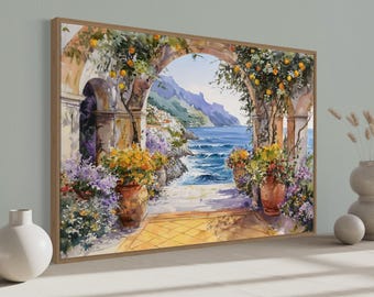 Amalfi Coast Terrace Art Print – Mediterranean Sea View Print, Italian Coastal Wall Art, Tuscan Decor
