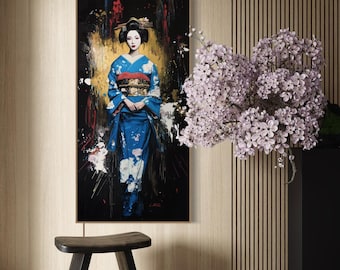Retrato de geisha audaz: elegante lienzo con kimono azul, decoración de inspiración japonesa, obra de arte cultural para la sala de estar o la decoración del hogar.