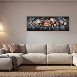This Victorian-inspired floral canvas art showcases a stunning arrangement of roses in soft pink, cream, and deep red hues. Set against a moody dark blue background, it exudes timeless elegance and romantic charm.