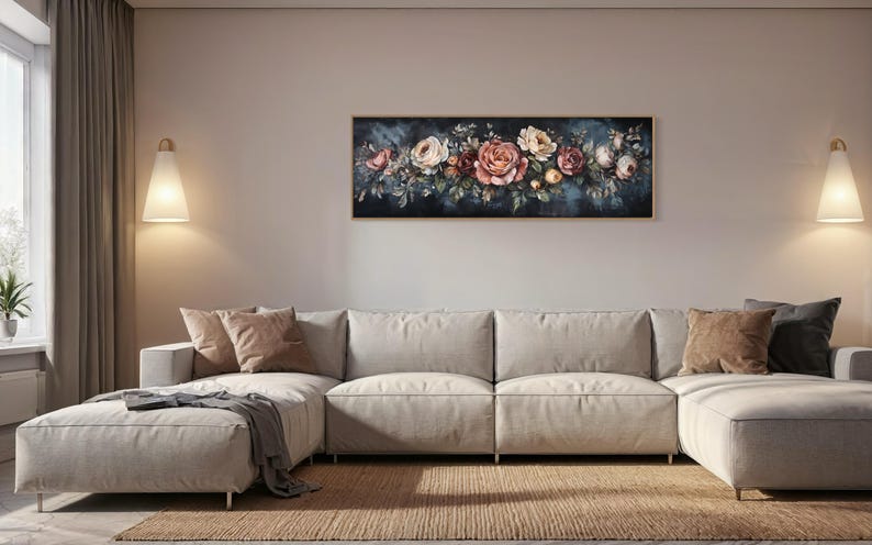 This Victorian-inspired floral canvas art showcases a stunning arrangement of roses in soft pink, cream, and deep red hues. Set against a moody dark blue background, it exudes timeless elegance and romantic charm.