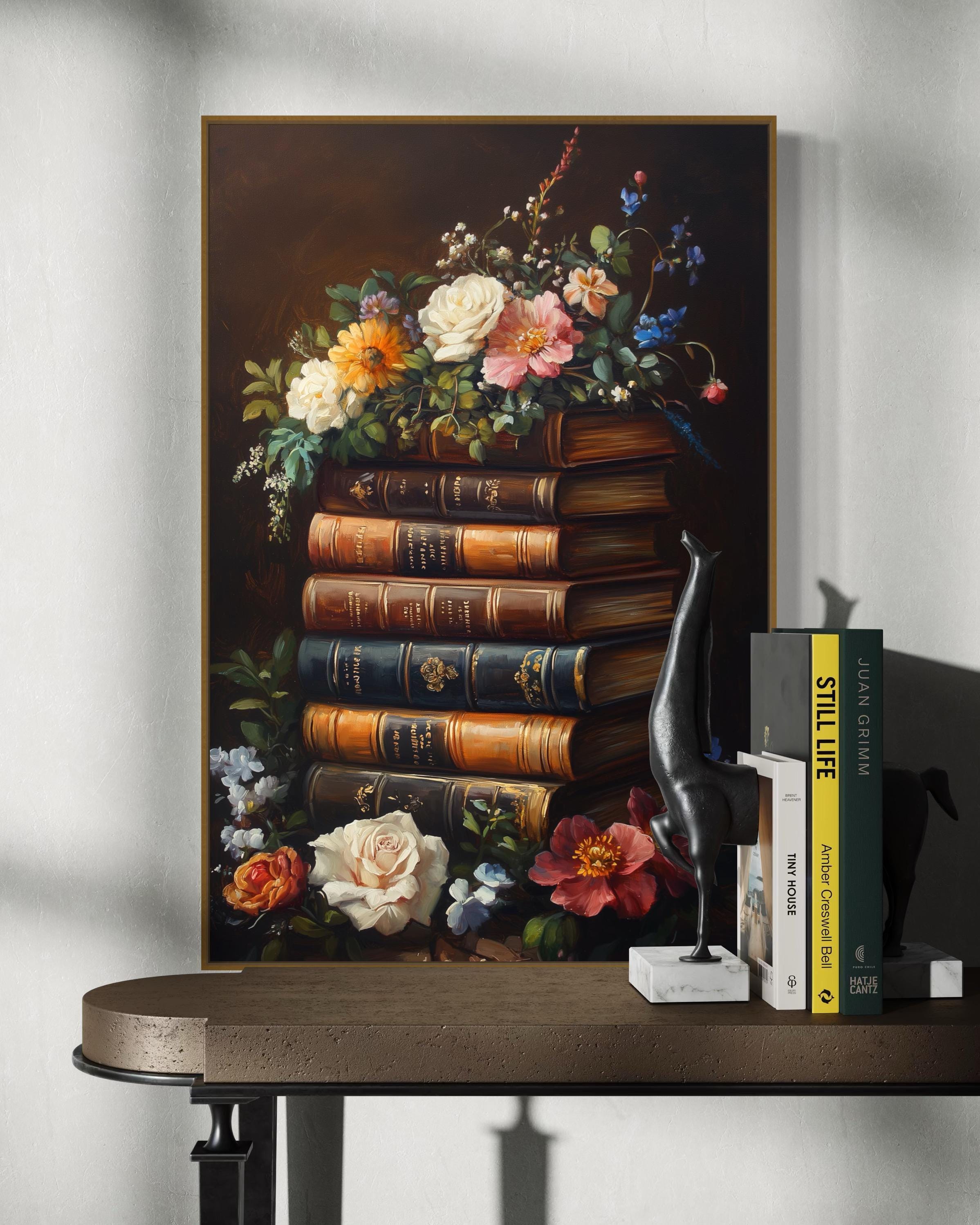 Vintage Books and Floral Bouquet Art Print – Romantic Library Wall