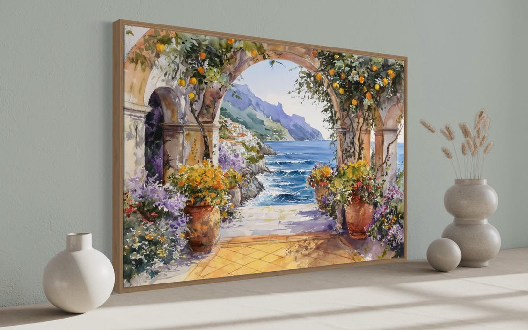 Amalfi Coast Terrace Art Print – Mediterranean Sea View Print, Italian ...