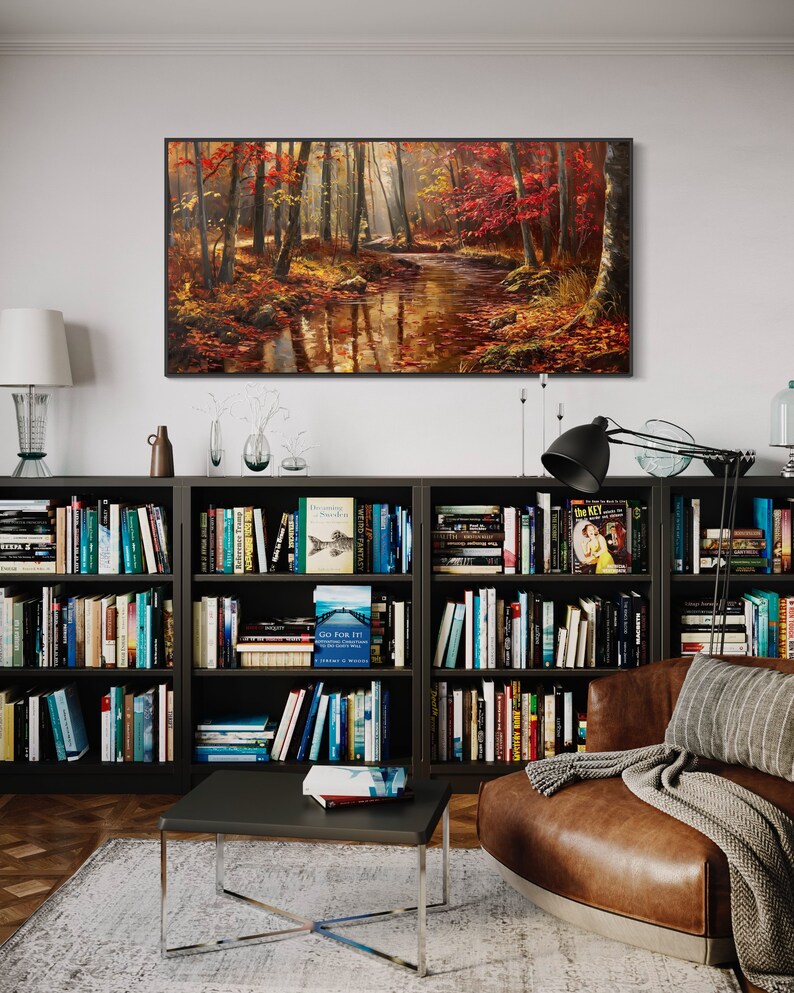 Autumn Whisper: A tranquil forest brook winds through a golden autumnal embrace, flanked by fiery red leaves and bathed in soft, dappled sunlight.