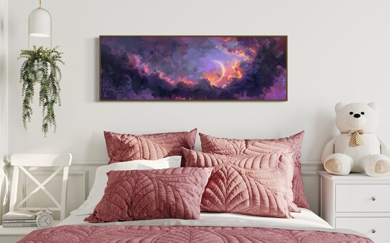 Panoramic Crescent Moon Art - Narrow Colorful Sky Above Bed Decor, Celestial Canvas, Starry Night Print, Atmospheric Purple Sky Art