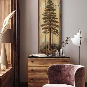 A rustic painting of a tall pine tree on wooden panels, showcasing natural textures and earthy tones. It is a perfect blend of art and nature with a handcrafted feel.