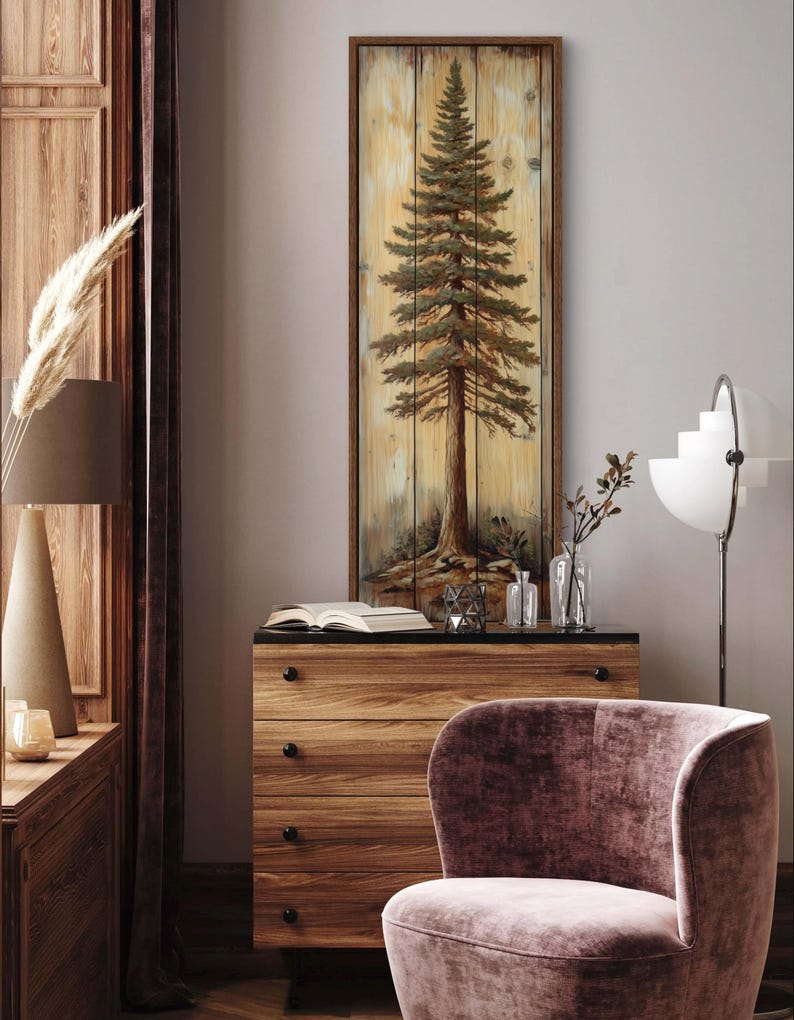 A rustic painting of a tall pine tree on wooden panels, showcasing natural textures and earthy tones. It is a perfect blend of art and nature with a handcrafted feel.