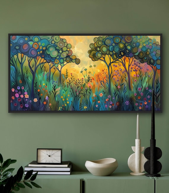Whimsical Forest: Vibrant Color Print Of Surrealist Forest Scene, Abstract Fantasy Woodland Canvas Print for Magical Home Decore