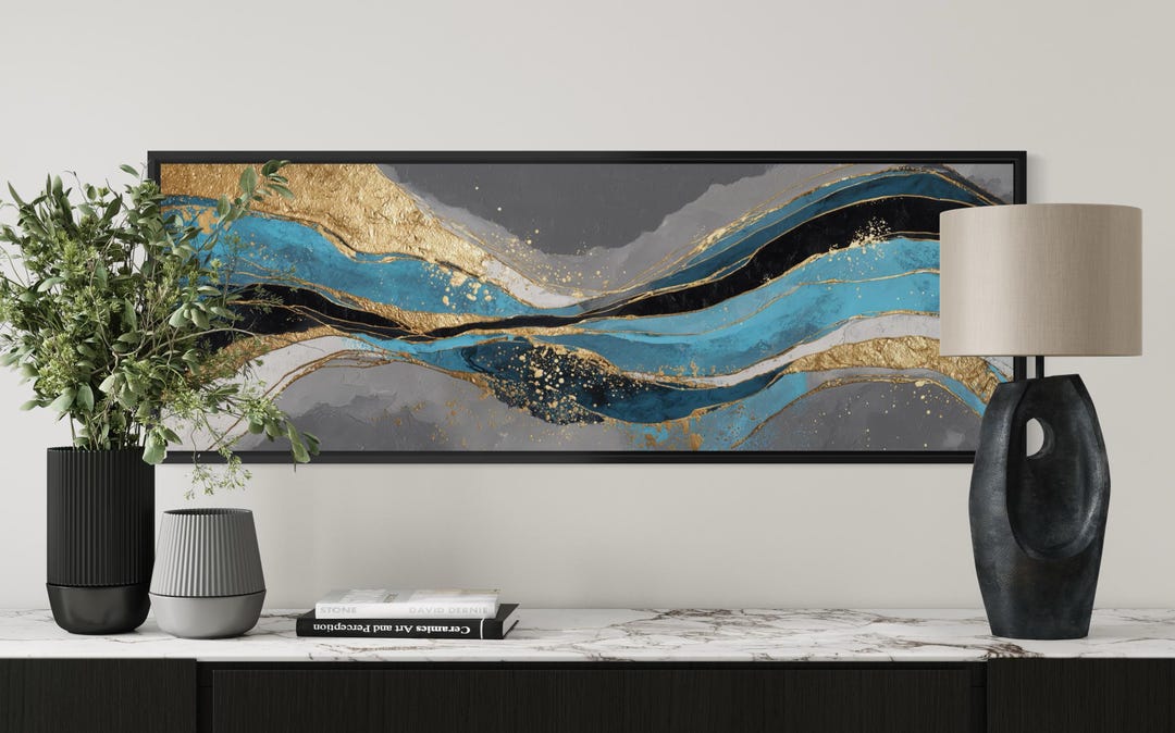 Teal and Gold Abstract Art Print – Modern Minimalist Wave Decor ...