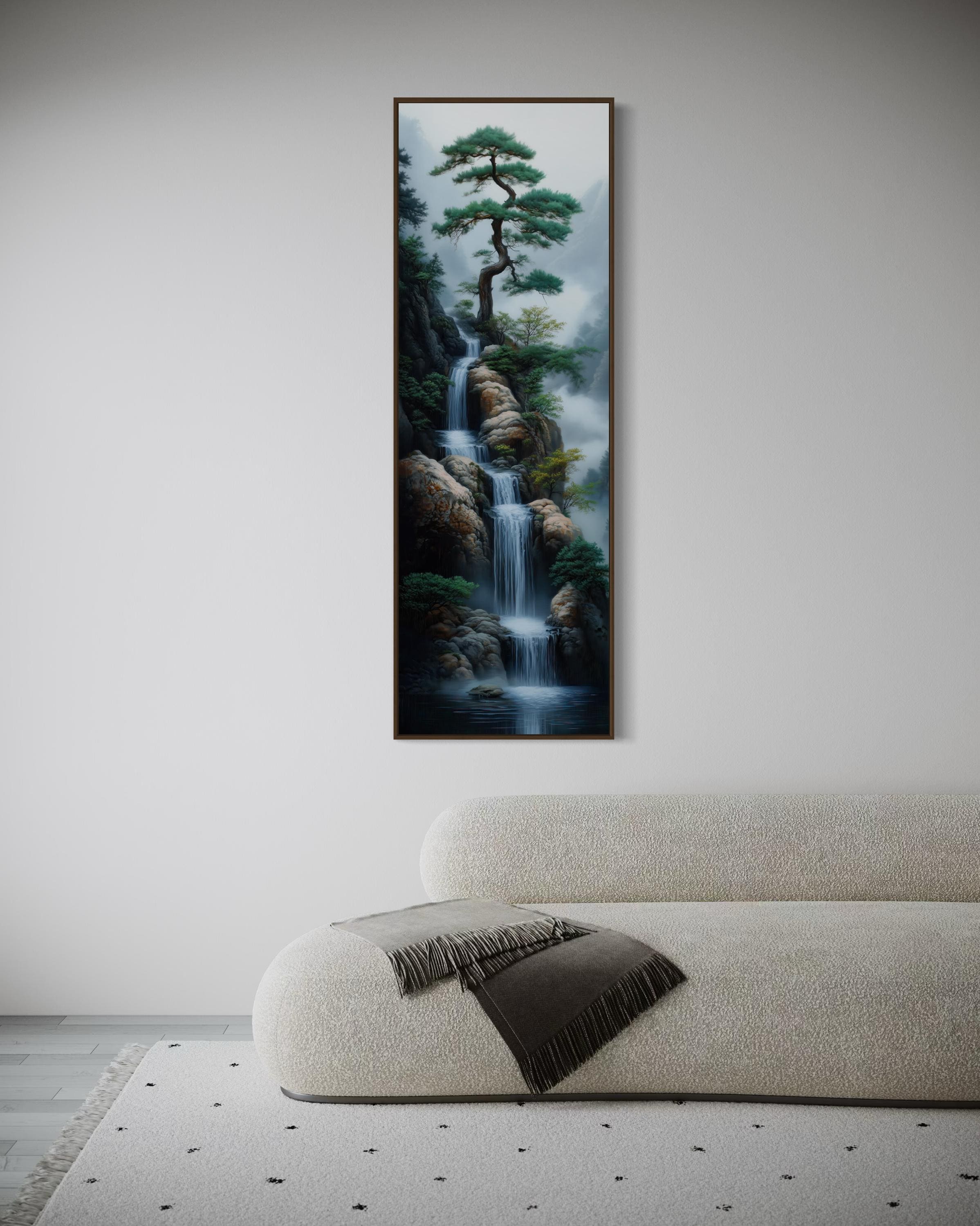 Zen Waterfall Wall Art - Tall Vertical Japanese Landscape Print With ...