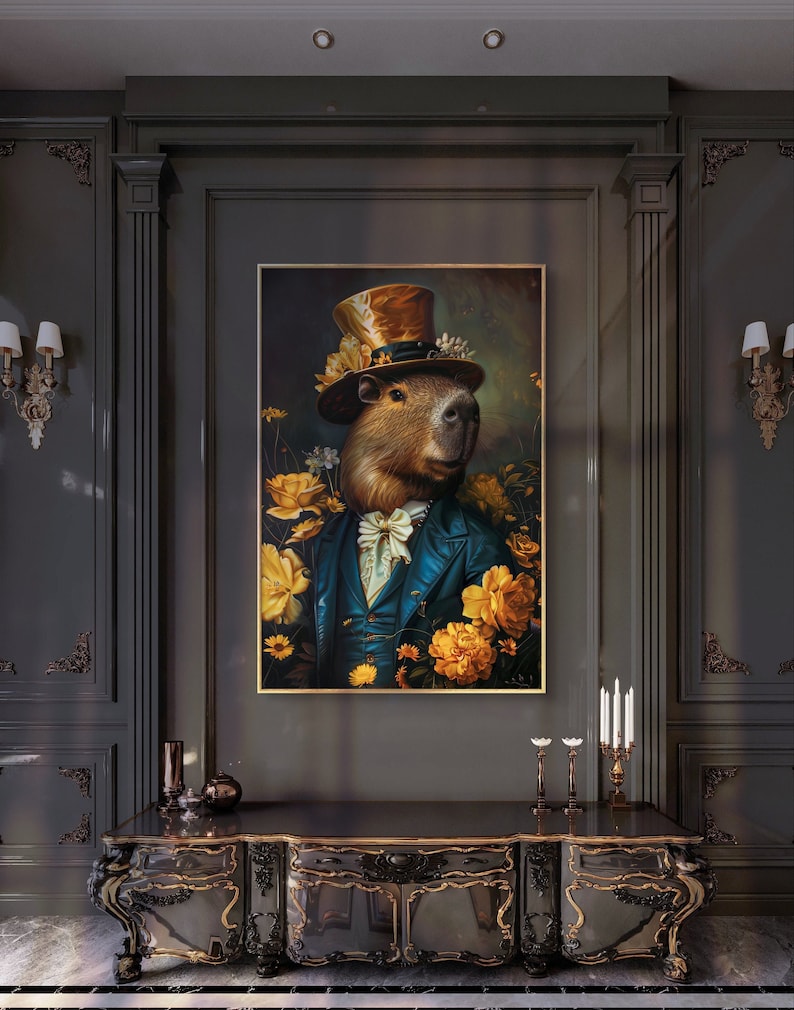 An elegantly attired capybara in a top hat graces this portrait, surrounded by a vibrant bloom of golden flowers, emanating sophistication and charm.