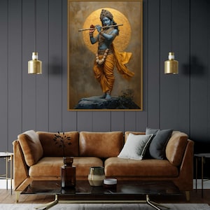Immerse yourself in divine grace with this exquisite art piece of Lord Krishna playing the flute. The vibrant colors and intricate details make it a captivating addition to any spiritual or cultural space.