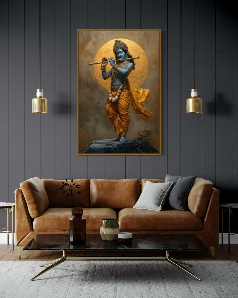 Immerse yourself in divine grace with this exquisite art piece of Lord Krishna playing the flute. The vibrant colors and intricate details make it a captivating addition to any spiritual or cultural space.