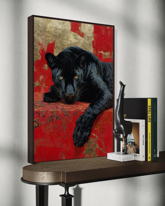 Black Panther Art Print – Luxury Red and Gold Wildlife Wall Art, Bold Modern Jungle Decor