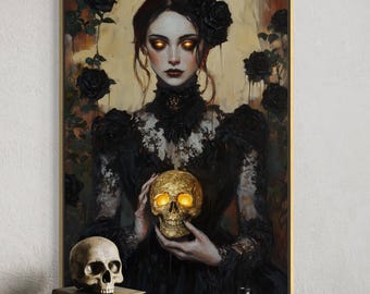 Gothic Beauty Art Print – Dark Woman with Golden Skull, Romantic Gothic Decor