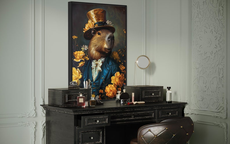 An elegantly attired capybara in a top hat graces this portrait, surrounded by a vibrant bloom of golden flowers, emanating sophistication and charm.