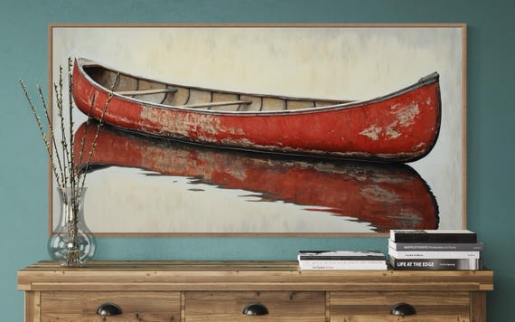 Vintage Red Canoe Art - Rustic Wall Decor Print, Perfect Nautical Decor for Lake House Gift and Relaxing Home Decor