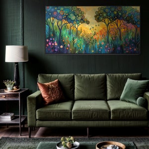 A whimsical forest comes to life with stylized trees crowned with circular canopies in shades of green and blue while vibrant, colourful flowers bloom below in a magical, storybook setting.