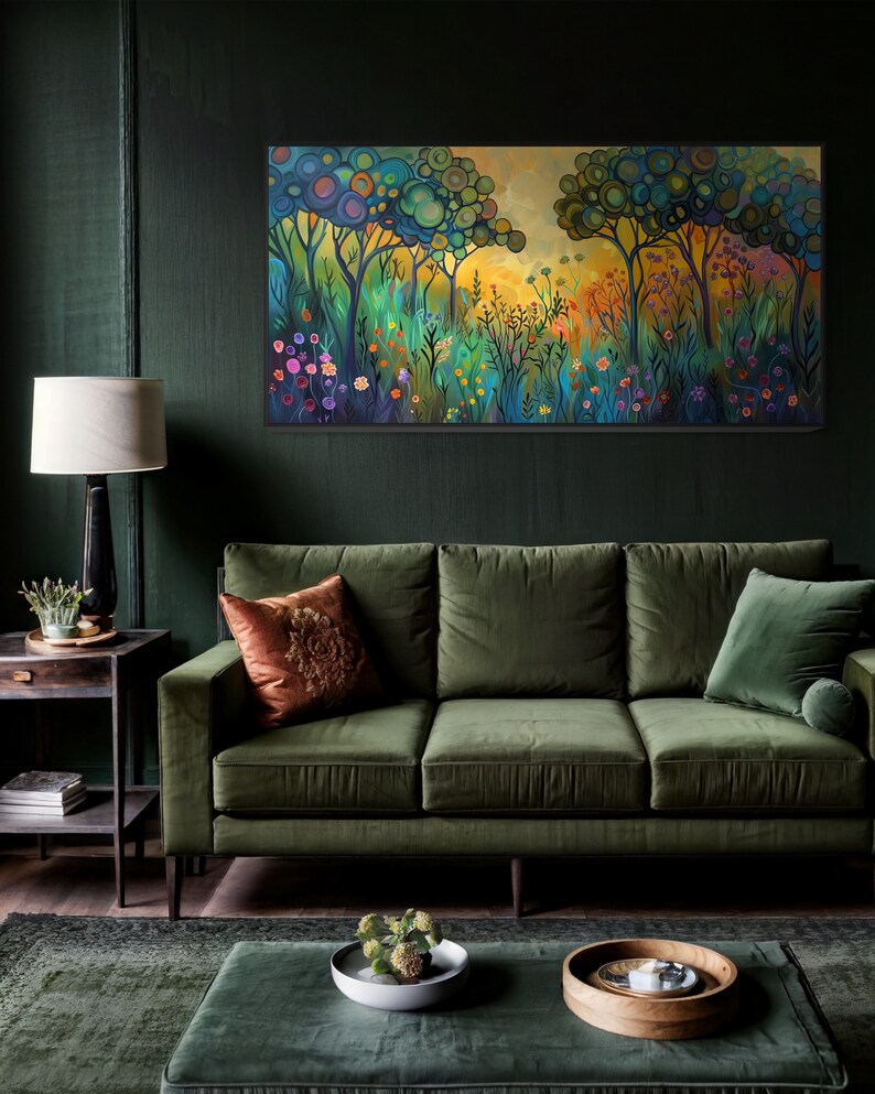 A whimsical forest comes to life with stylized trees crowned with circular canopies in shades of green and blue while vibrant, colourful flowers bloom below in a magical, storybook setting.
