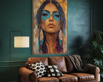 Warrior Spirit Art Print – Bold Tribal Portrait, Powerful Modern Woman Wall Art, Boho Statement Decor